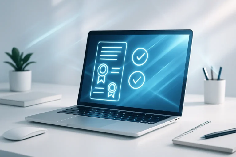Laptop auf Schreibtisch zeigt digitale Zertifizierung, betont dokumentierte Prozesse und Qualitätsmanagement.