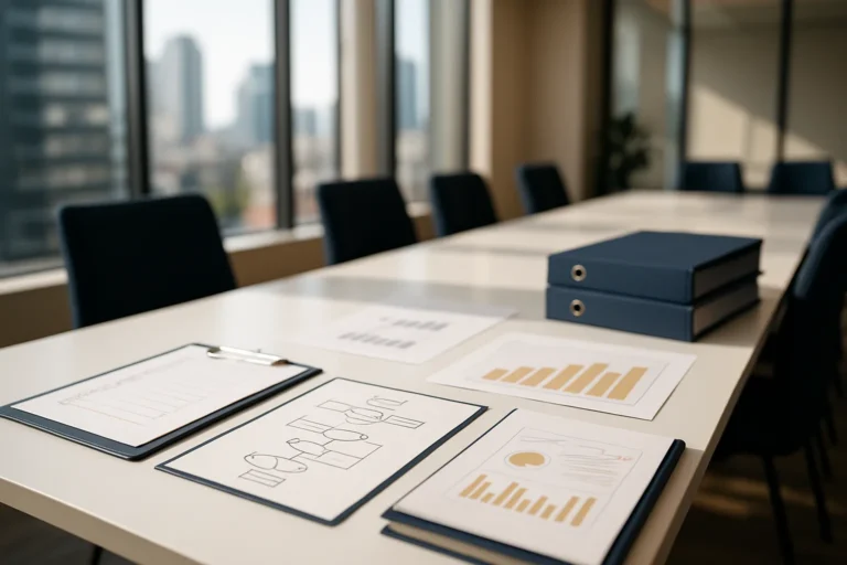 Leerer Konferenzraum mit Aktenordnern und Diagrammen, betont strukturiertes Qualitätsmanagement.