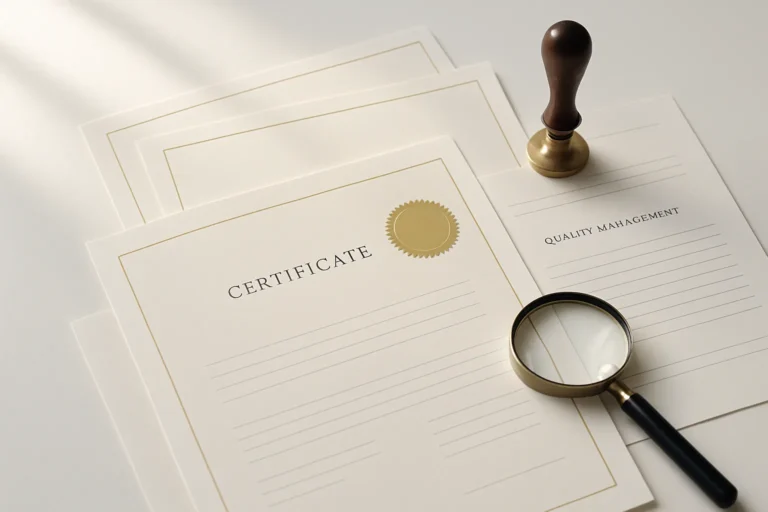 Dokumentstapel mit Zertifikat, Lupe und Stempel, Fokus auf Qualitätsmanagement und Struktur.
