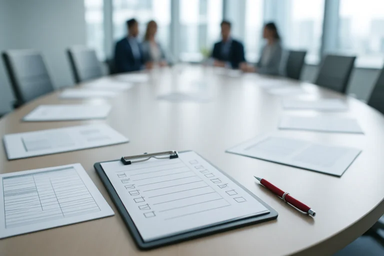 Checkliste auf Konferenztisch, Personen im Hintergrund, Besprechung zu Qualitätsmanagement und dokumentierten Prozessen.