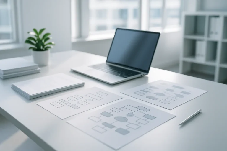 Laptop auf Schreibtisch mit Flussdiagrammen und Pflanzen, betont strukturierte Abläufe, ISO 9001-relevant.