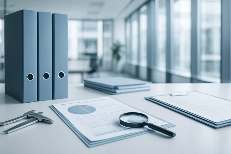 Büro mit Dokumenten und Aktenordnern, Fokus auf strukturierte Dokumentation und Qualitätskontrolle.