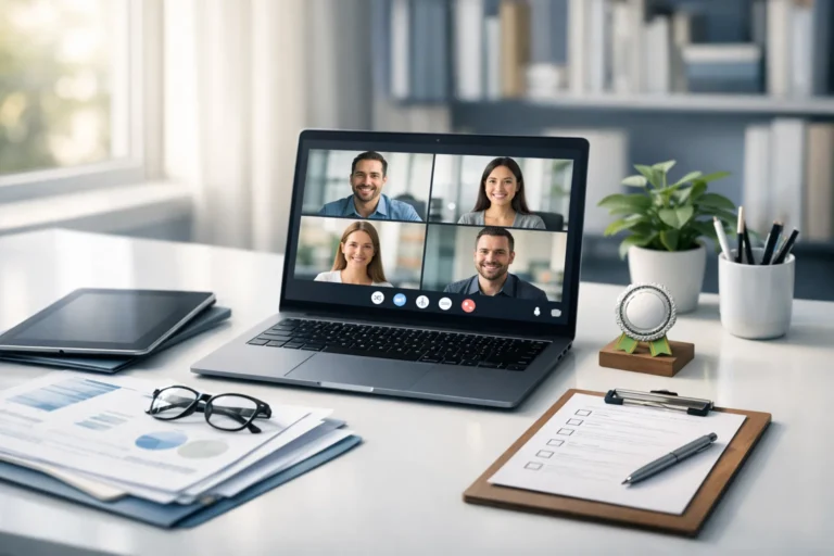 Online-Meeting auf Laptop, daneben Checkliste und Berichte für strukturiertes Qualitätsmanagement im Büro.